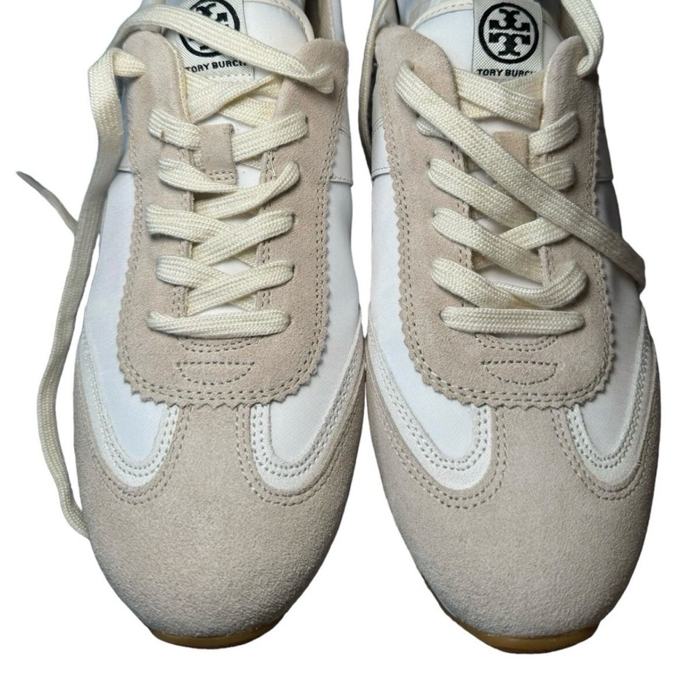 Tory Burch White & Beige Low-Top leather neutral Suede-Trim Sneakers 6.5 - Picture 9 of 9